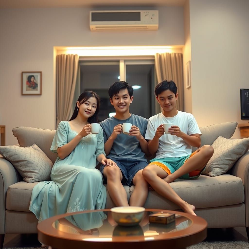 Sisters and Brothers Share Tranquil Evening on Plush Couches