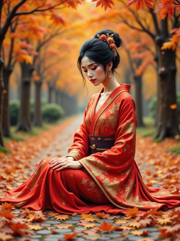 A young woman, dressed in a traditional red Hanfu, sits grac...