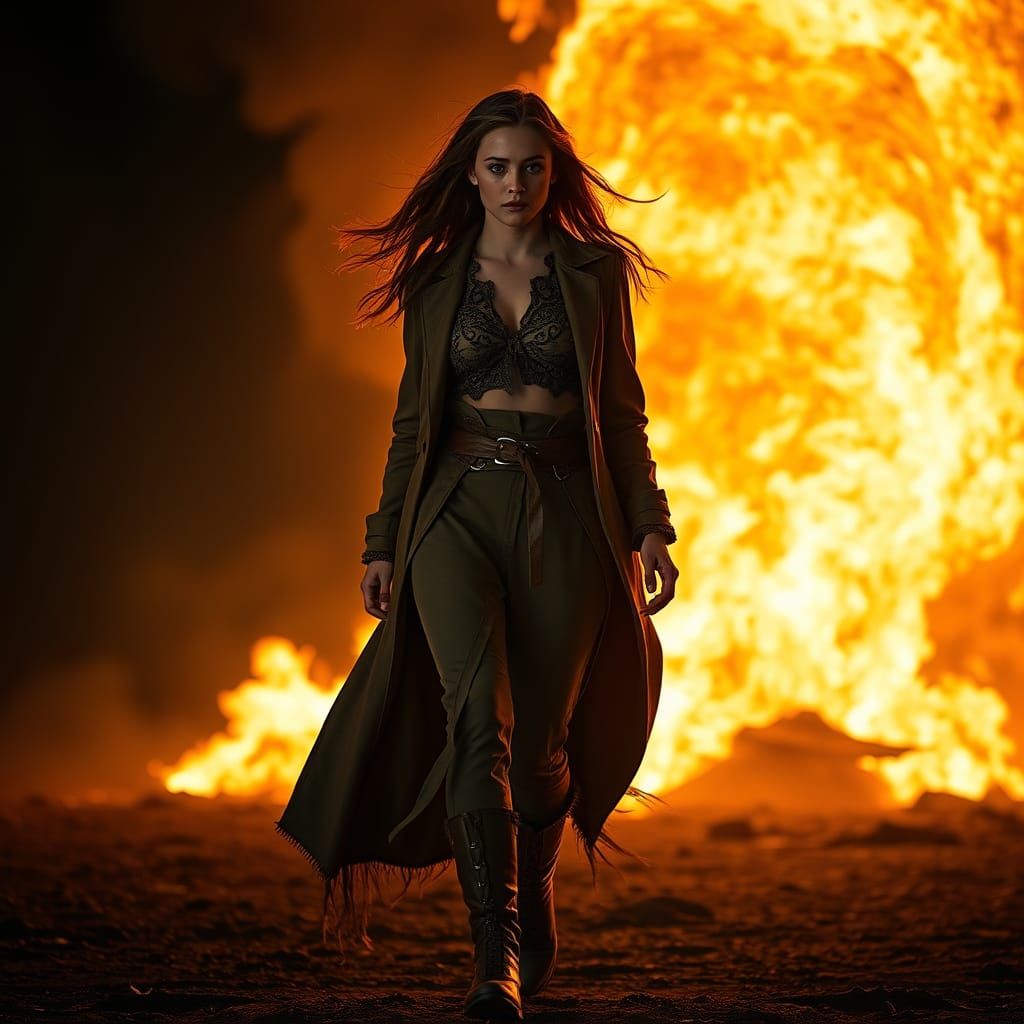 Triumphant Woman Walks Away From Fire in Cinematic Style