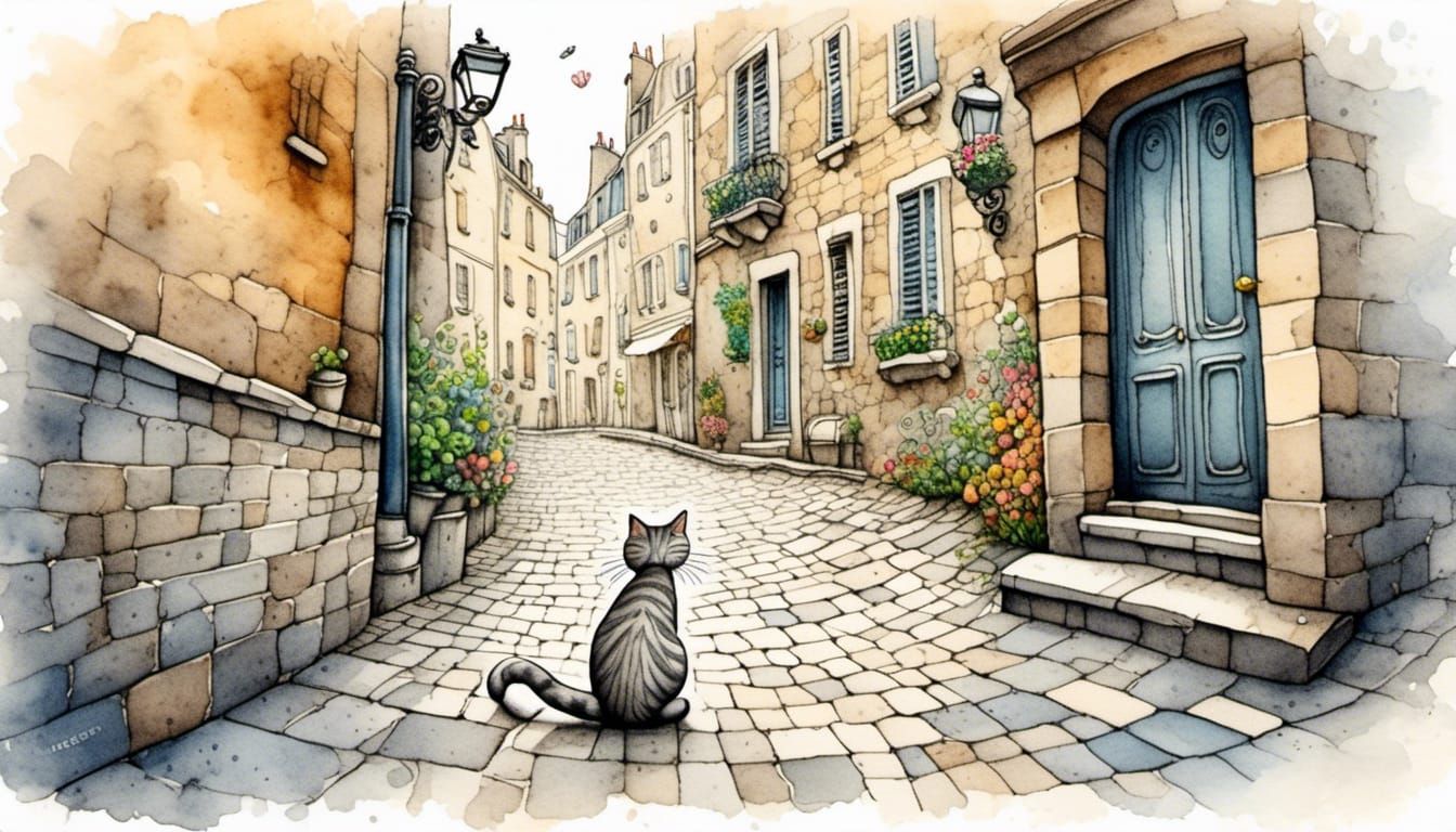 Charming Tabby Cat in Paris: Watercolor Style