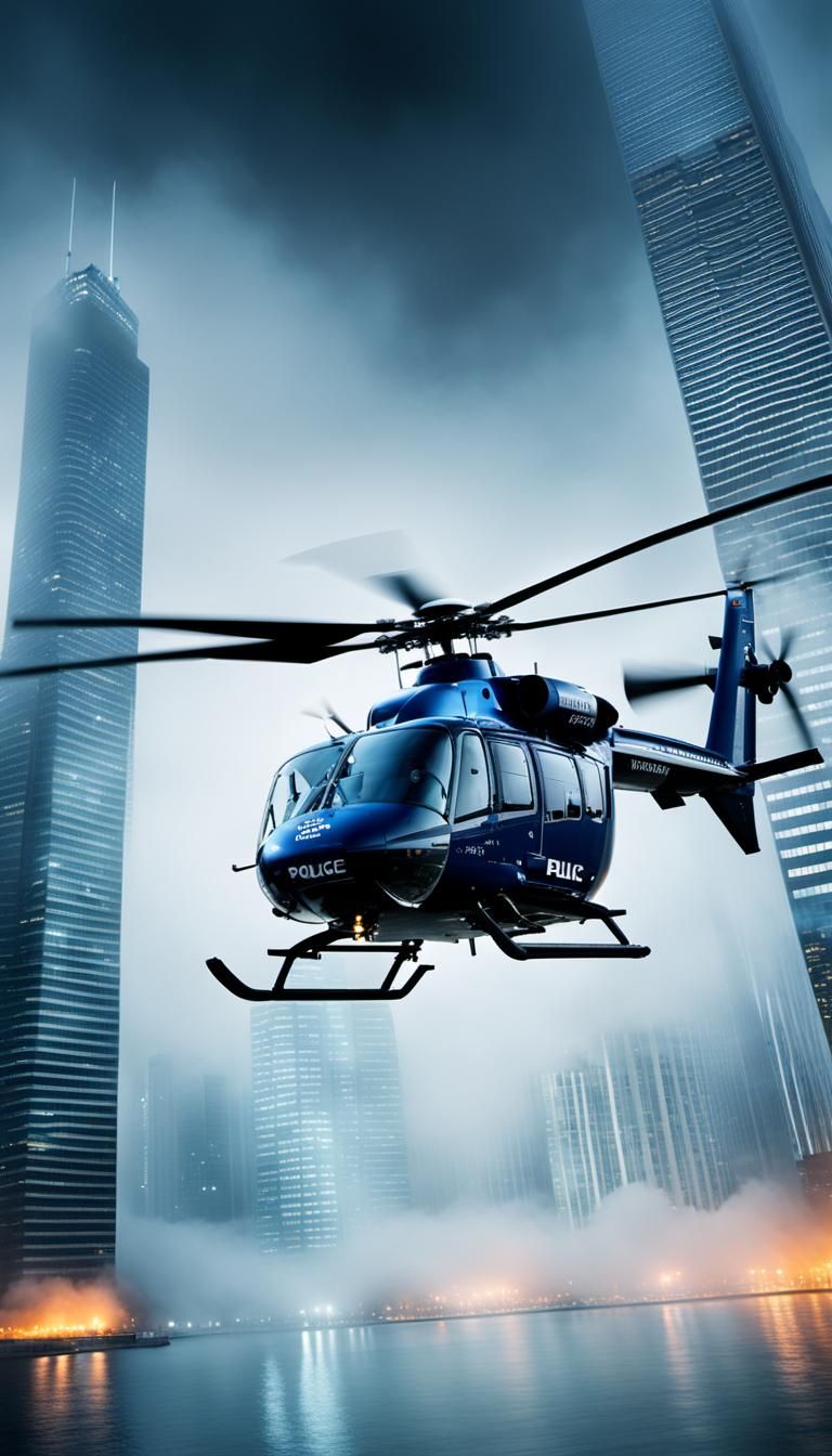 Futuristic Police Helicopter Patrolling City at Night