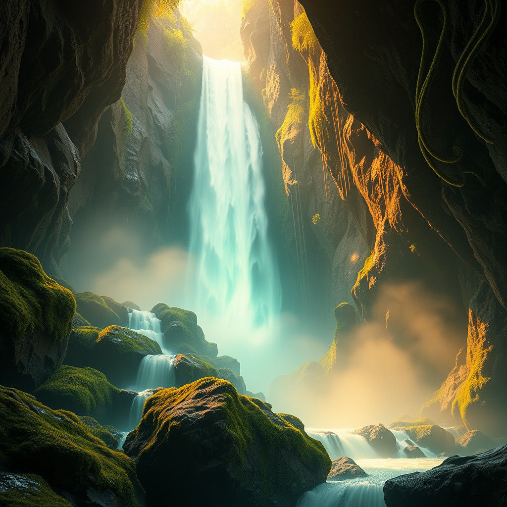 Luminous Waterfalls in Mystical Dreamlike Atmosphere