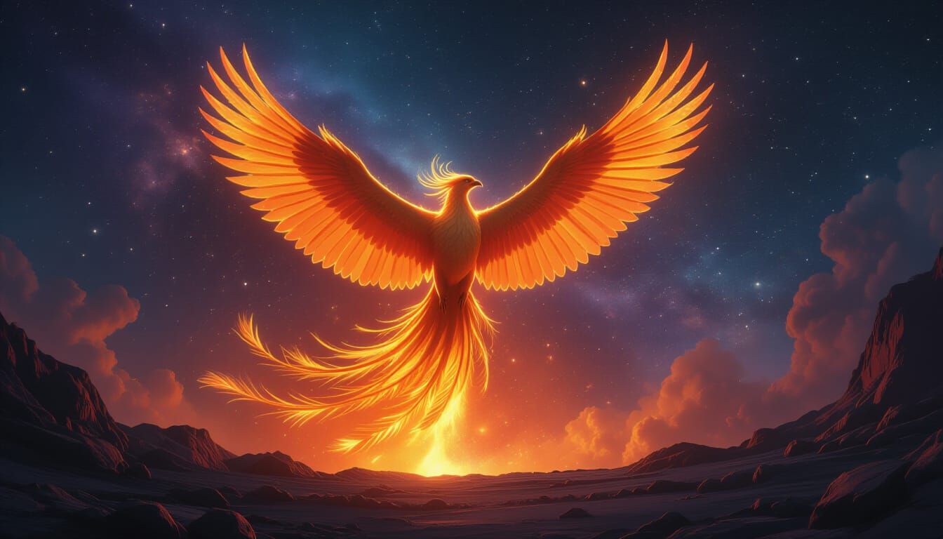 Majestic Phoenix Rises From Volcanic Crater in Cosmic Nebula