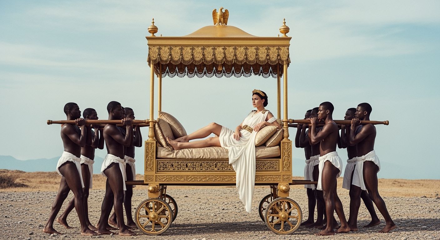 Roman Empress on Gold Litter in Fashion Photography Style