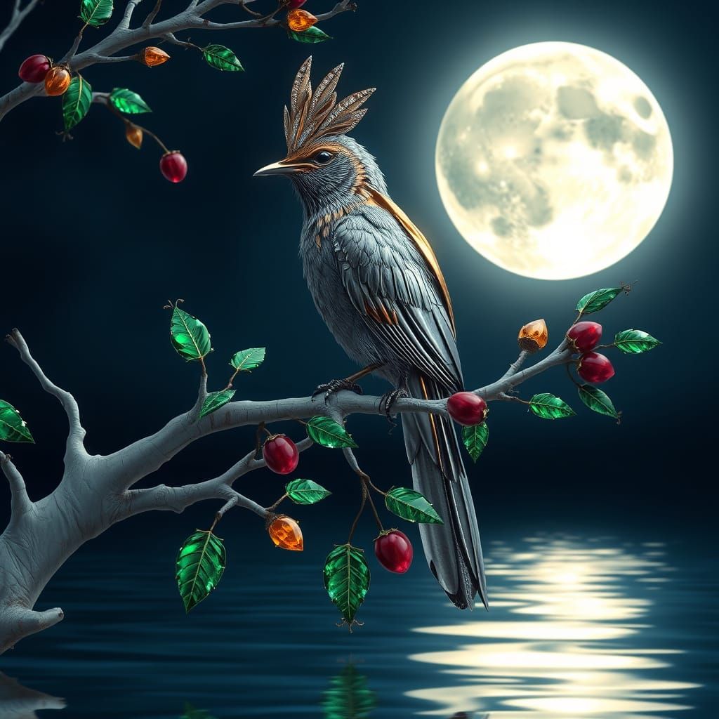 Metallic Bird with Jewel Leaves Under Full Moon