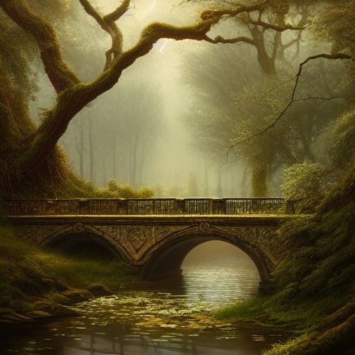 Enchanted Forest Bridge at Night: Digital Illustration