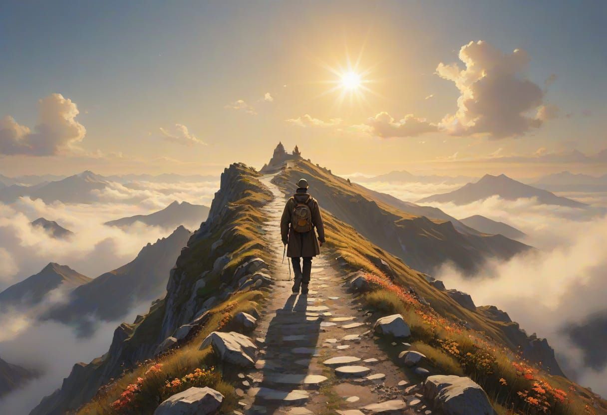 A lone traveler on a perilous mountain path toward divine light