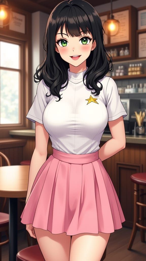 Anime Woman in Coffee Shop, Manga 2D Style