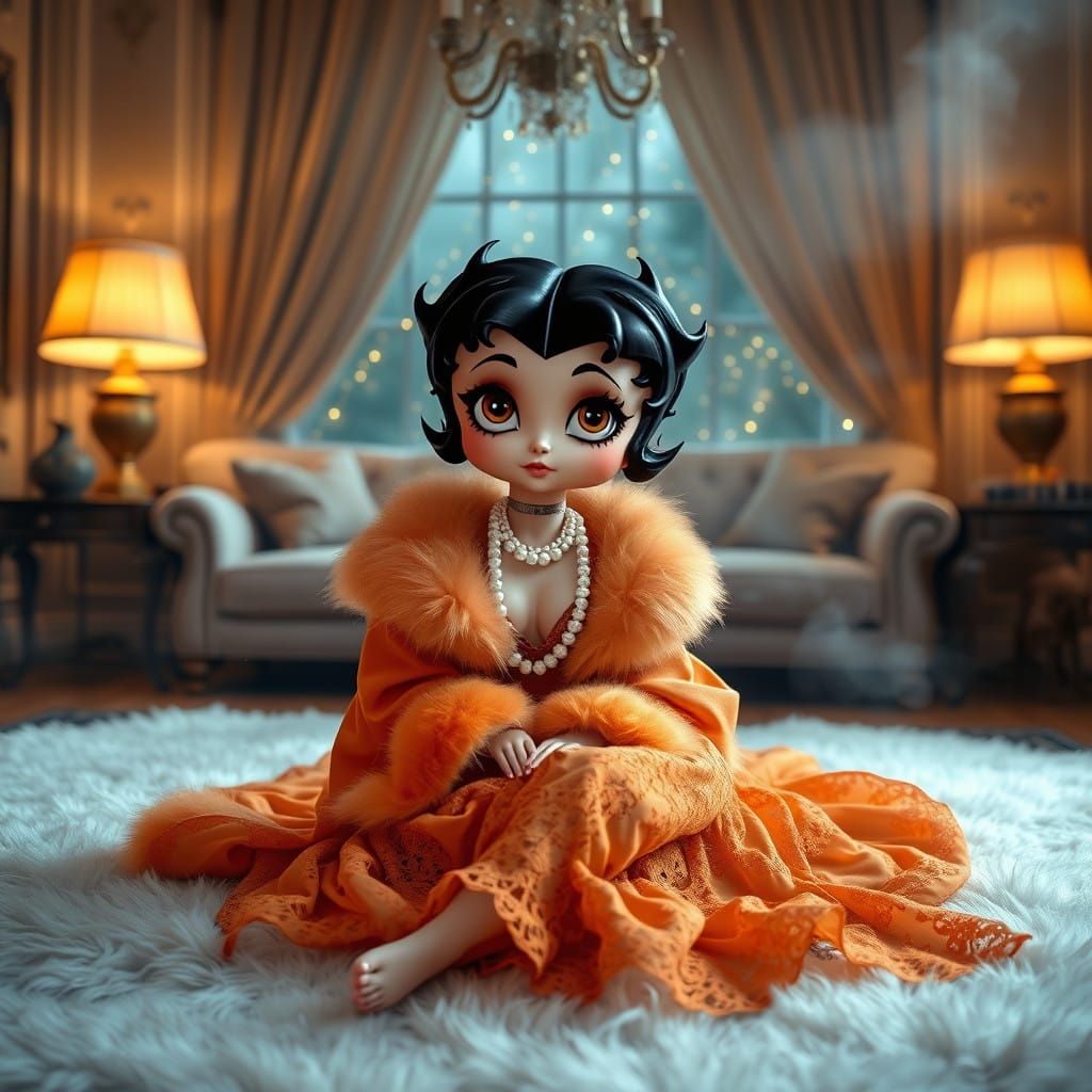 Sultry Bettyboop in Luxurious Fox Fur Robe and Orange Lace N...