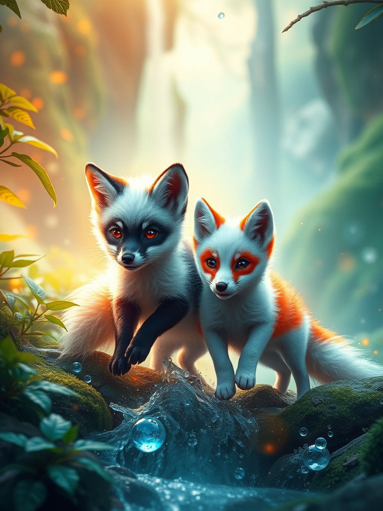 Mystical Fox Pups Playing by Waterfall, Digital Art