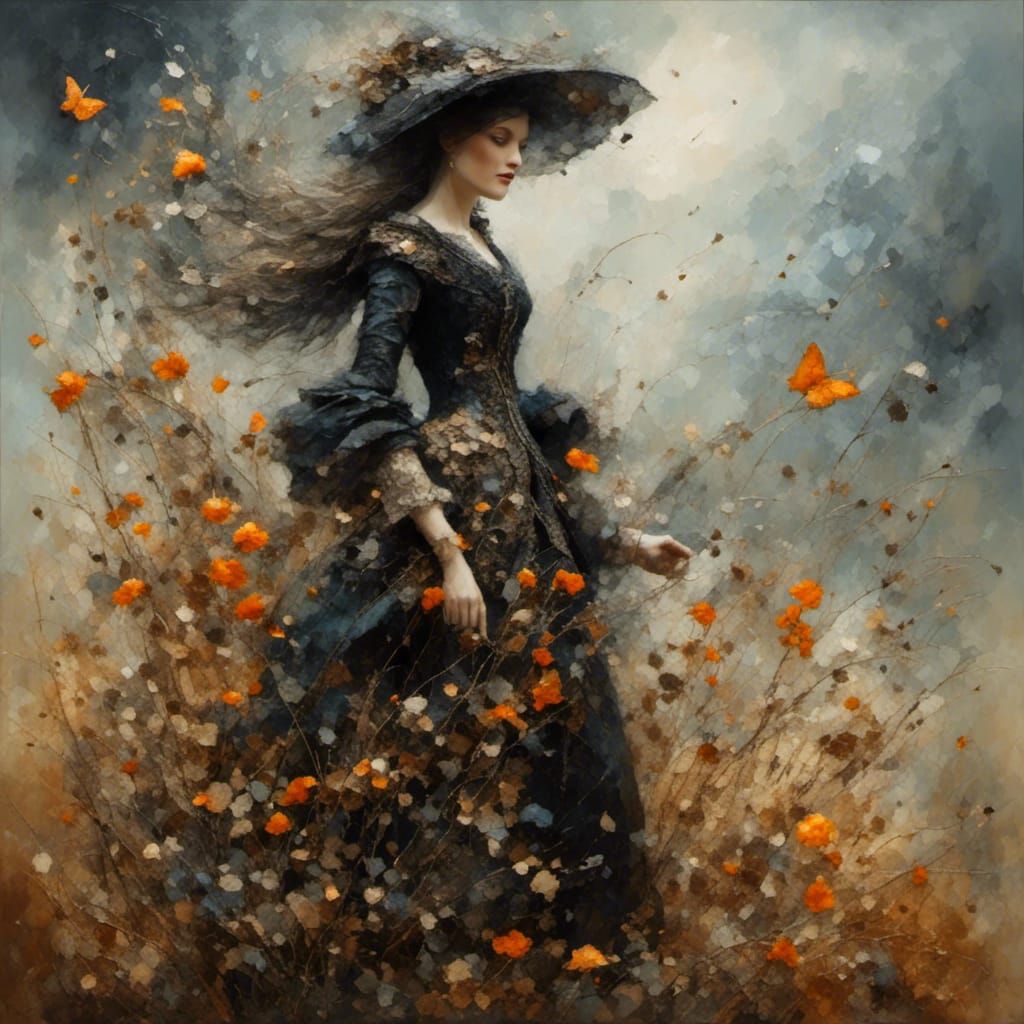 Autumn Woman in Impasto Style Oil Painting