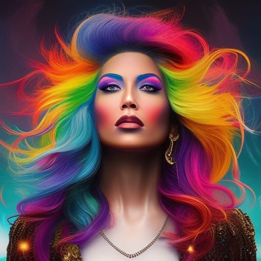 Prideful Woman with Rainbow Hair: Symbolic Portrait
