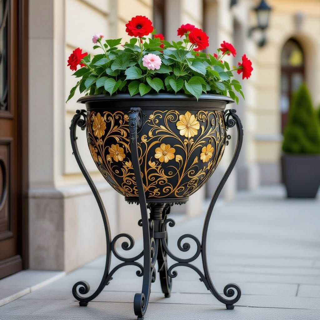 Ornate Wrought Iron Planter Stand in Art Nouveau Style