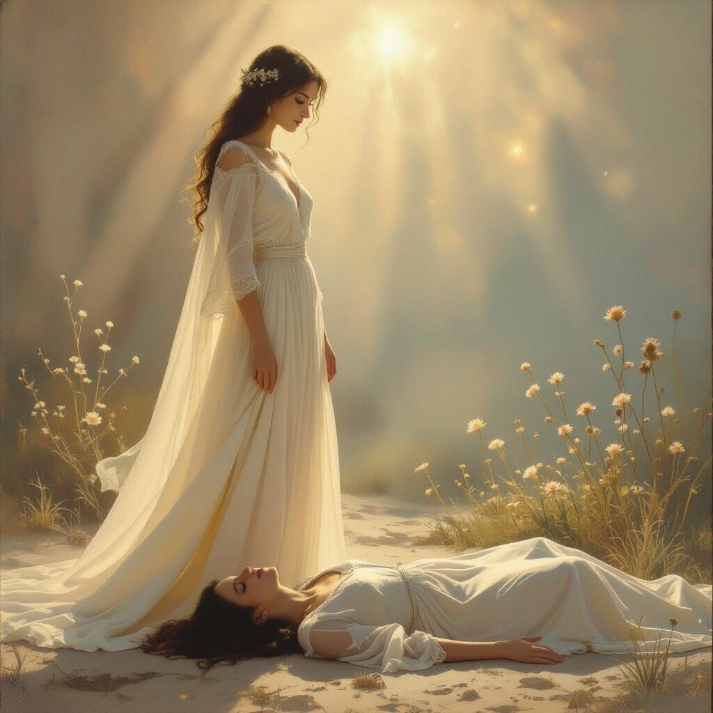 Ethereal Woman Ascends, Old Self Resigns in Magical Realism