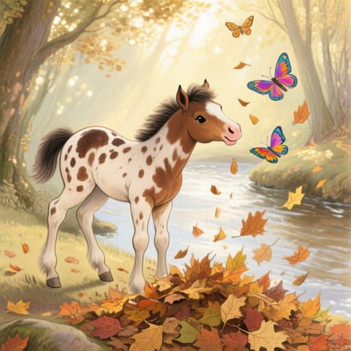 Fluffy Foal Plays in Autumn Leaves by Forest River