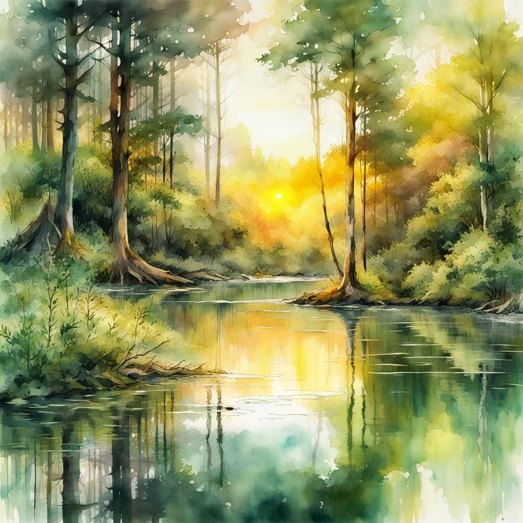 Sunrise Over Glade in Lush Woods as Digital Watercolor