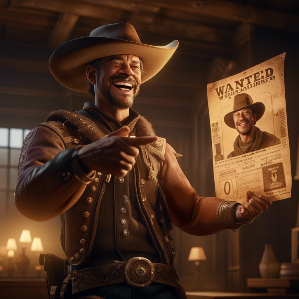 Cowboy Laughs at His Own Wanted Poster