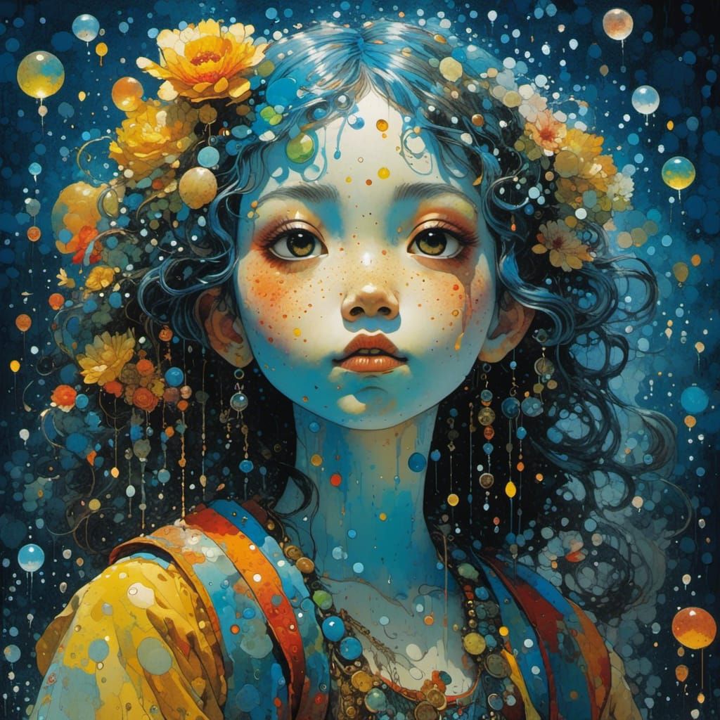 Impressionist Pointillism Portrait in Turquoise and Coral