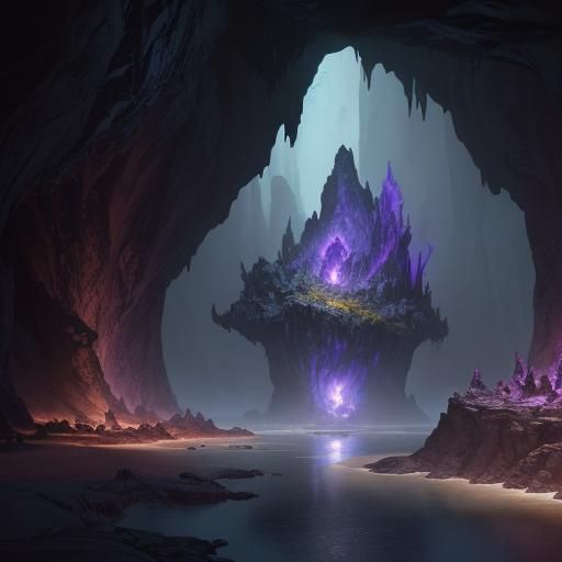 Detailed Dark Cave Matte Painting in Deep Color