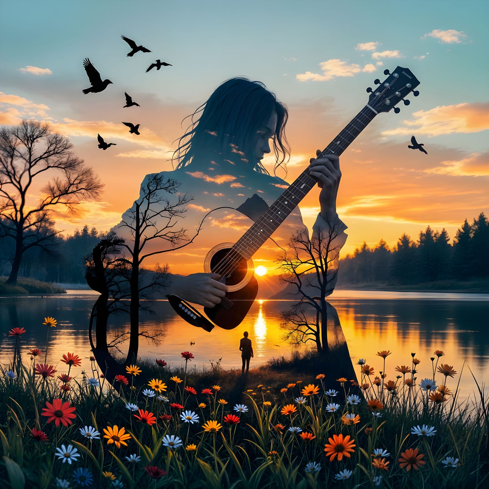 Guitarist Silhouette with Sunset Landscape