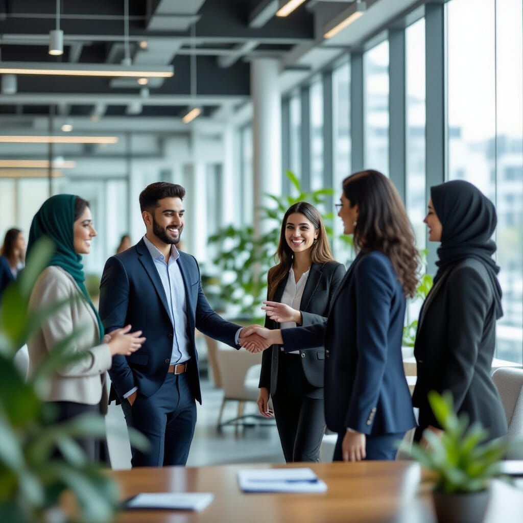 Diverse Graduates Enter Modern Office for Internship