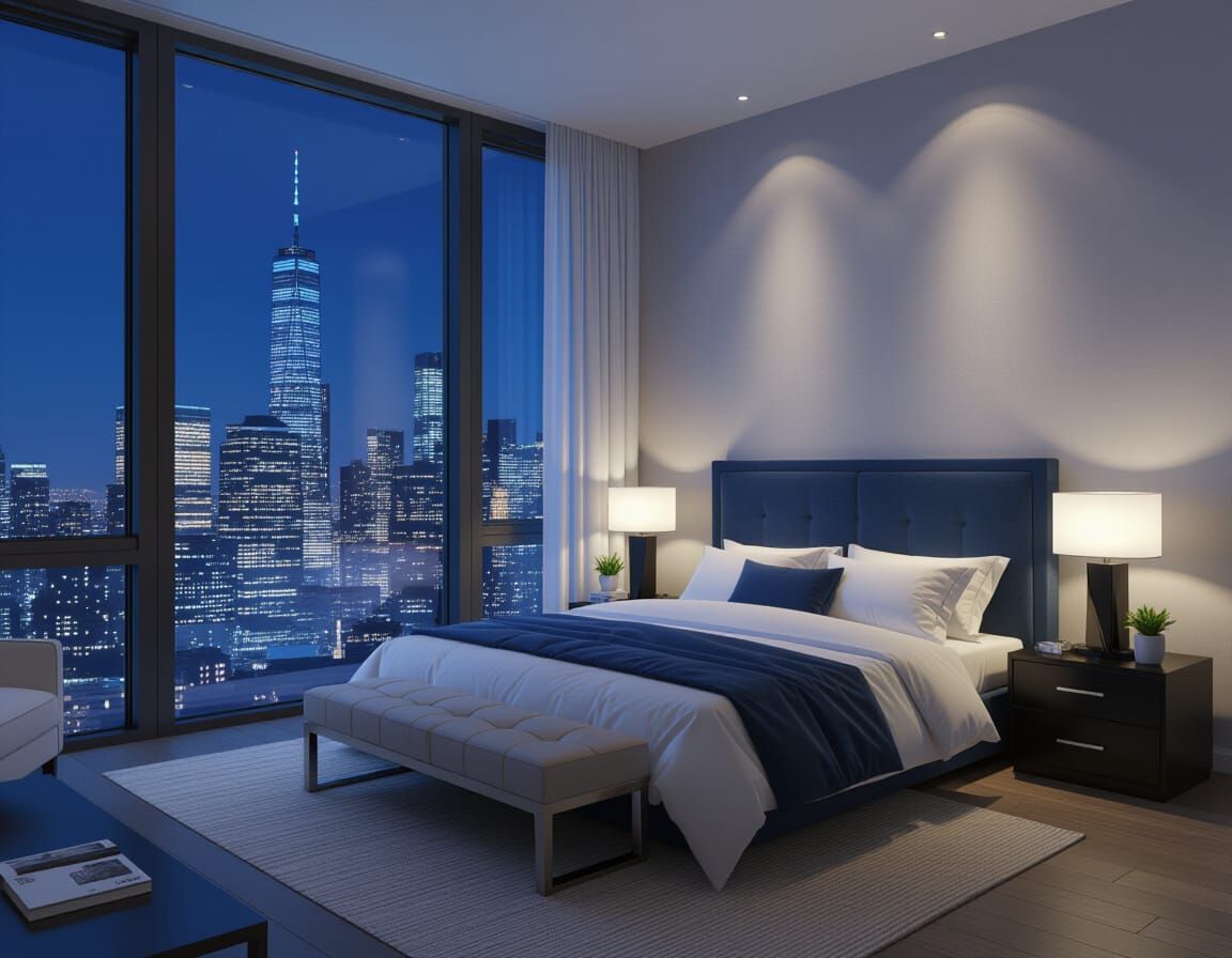 Modern Bedroom with City View in Anime Style