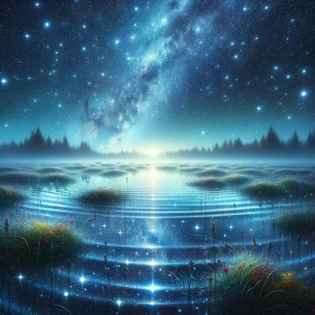 Tranquil Starry Night Reflection Over Flooded Meadow
