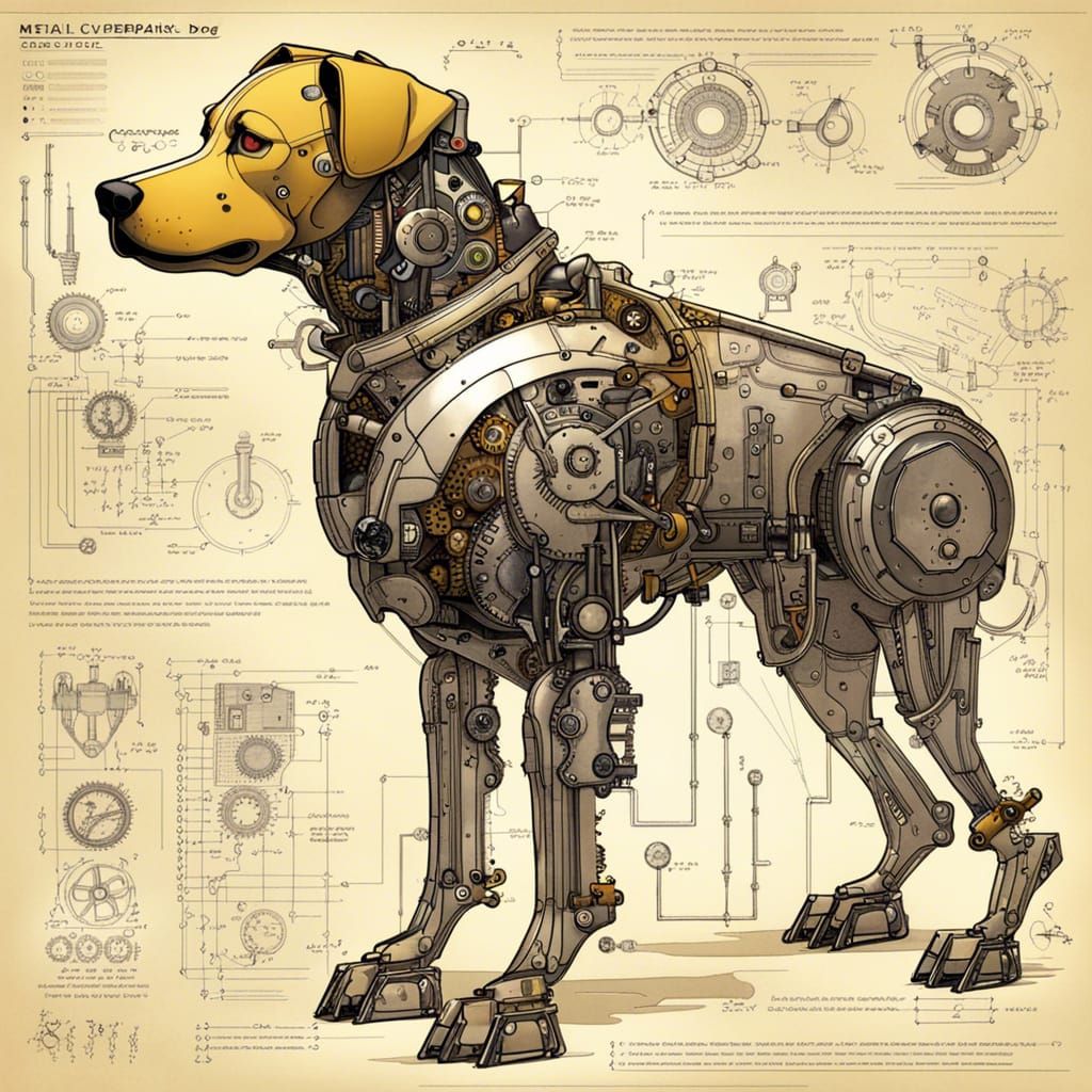 Cyberpunk Robot Dog with Technical Schematics