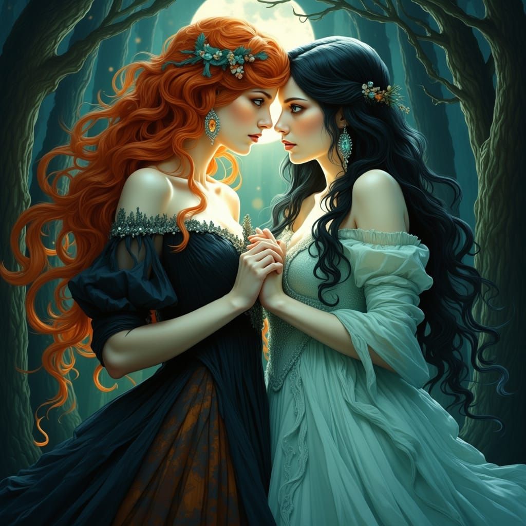 Sorceresses' Moonlit Meeting: An Elegant Art Nouveau Scene