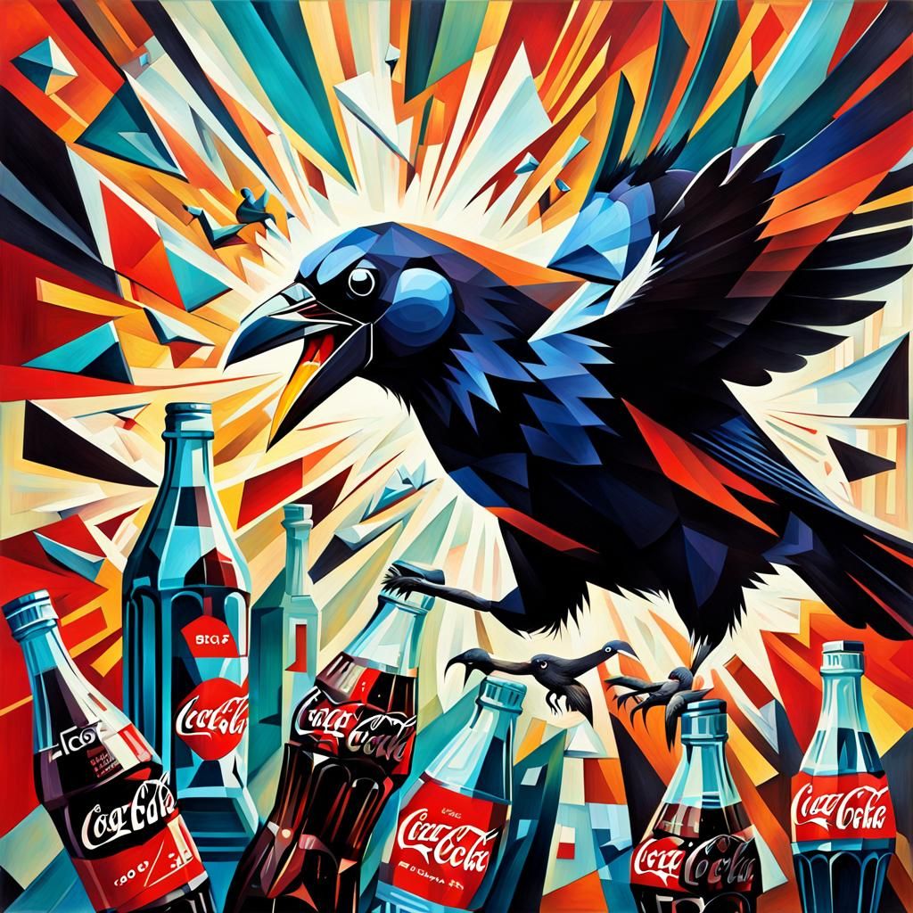 Coke Bottle's Joyful Escape: A Cubist Painting