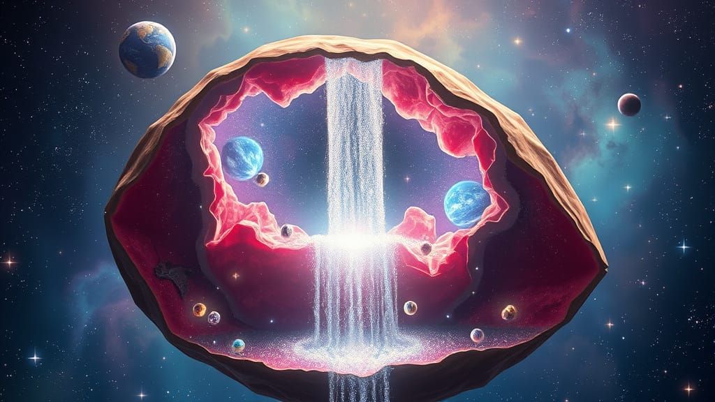 Geode Island with Stardust Waterfall in Cosmic Celebration