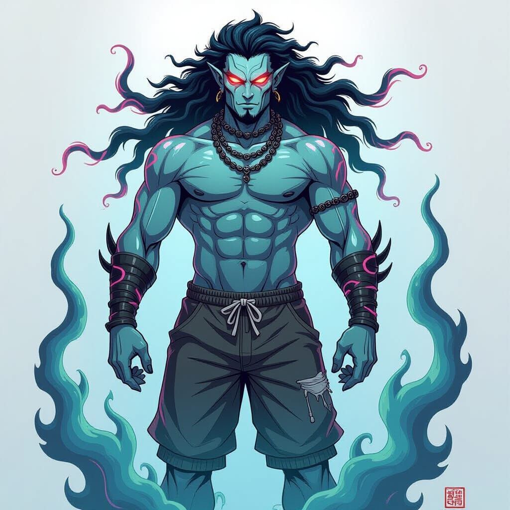 Towering Deity with Electric Hair, Anime-Inspired Art