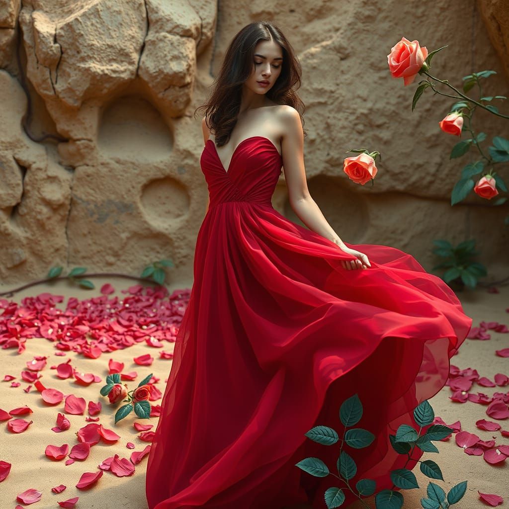 Elegant Woman in Flowing Red Rose Dress