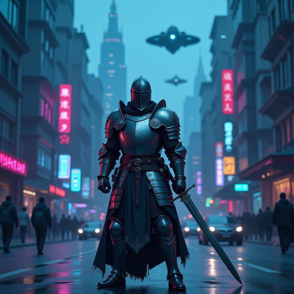 Knight in Cyberpunk City, Hyperrealistic Art