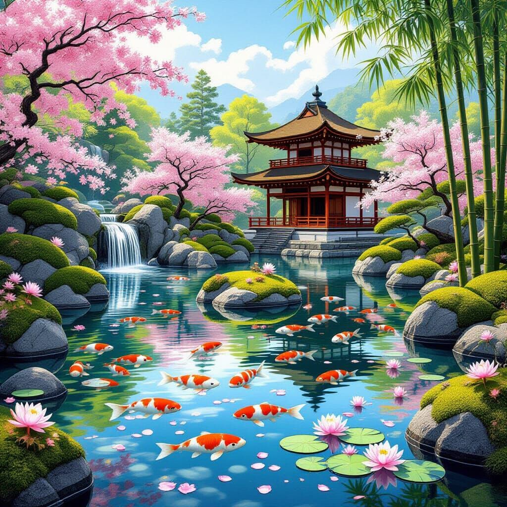 Serene Japanese Garden With Koi Fish and Waterfalls