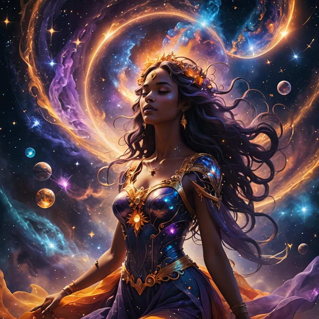 Ethereal Goddess Rearranging Galaxy in Digital Art