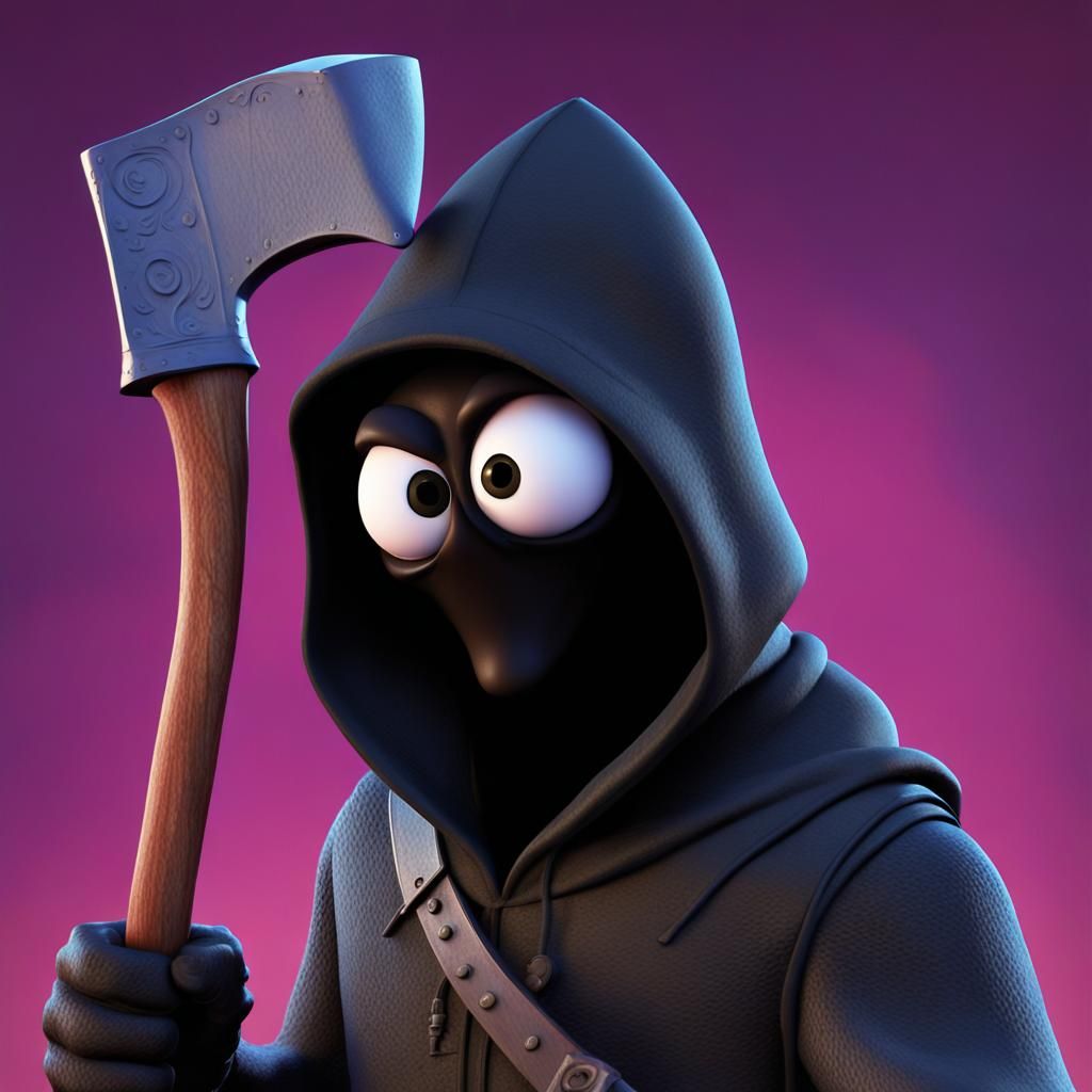 Comedic Googly Eyes on Executioner Hood: 3D Digital Art