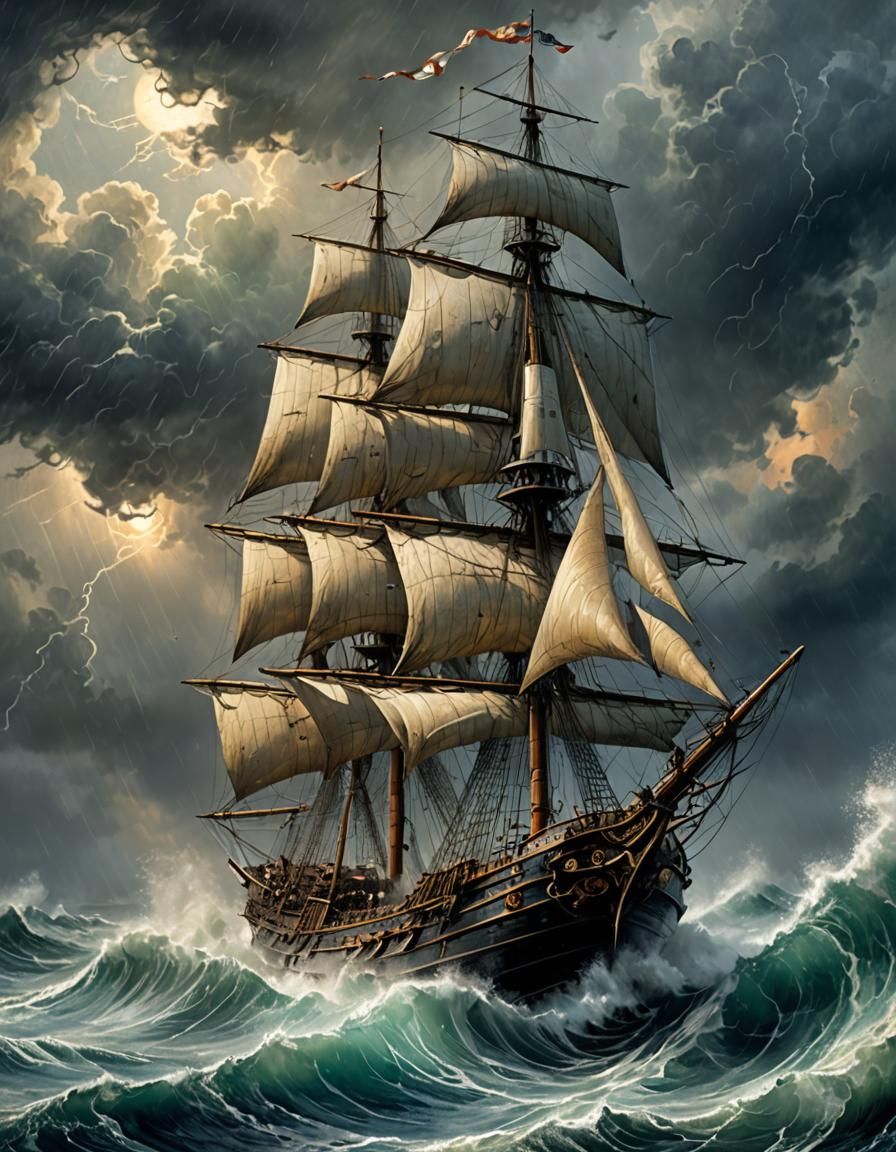And it is close up of A big sail ship and it is in a bad sto...
