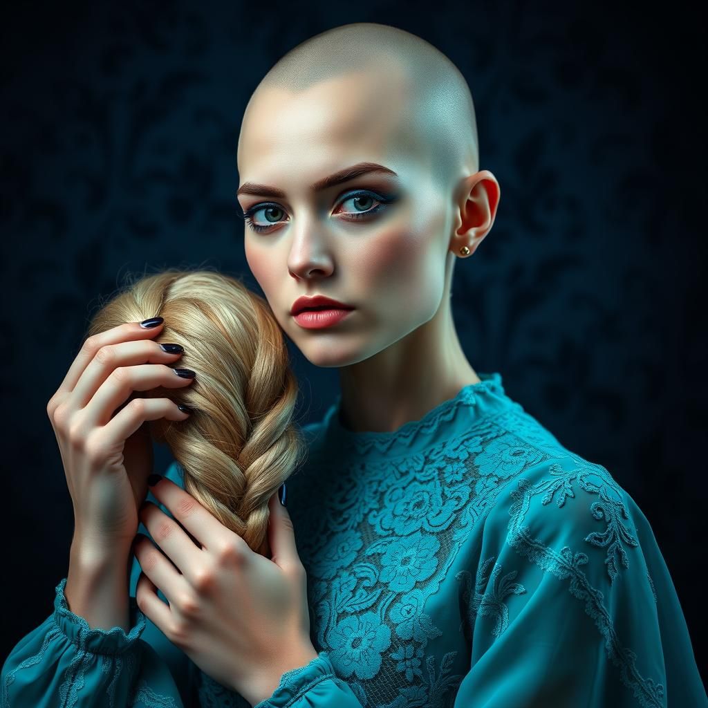Dramatic Portrait of Bald Woman in Lace Dress