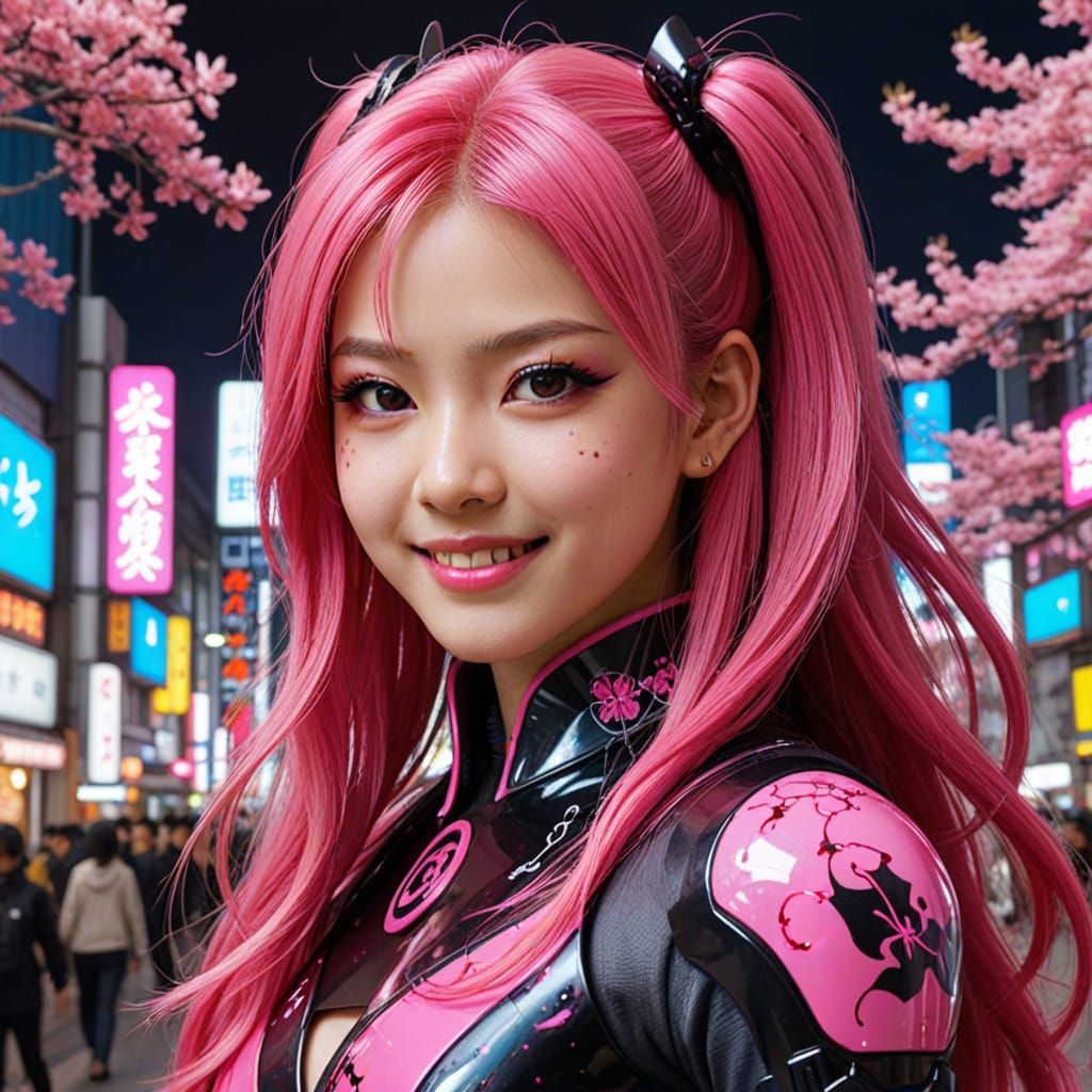 Surreal Neo Tokyo Goddess Embracing Sakura Blossoms in Hot P...