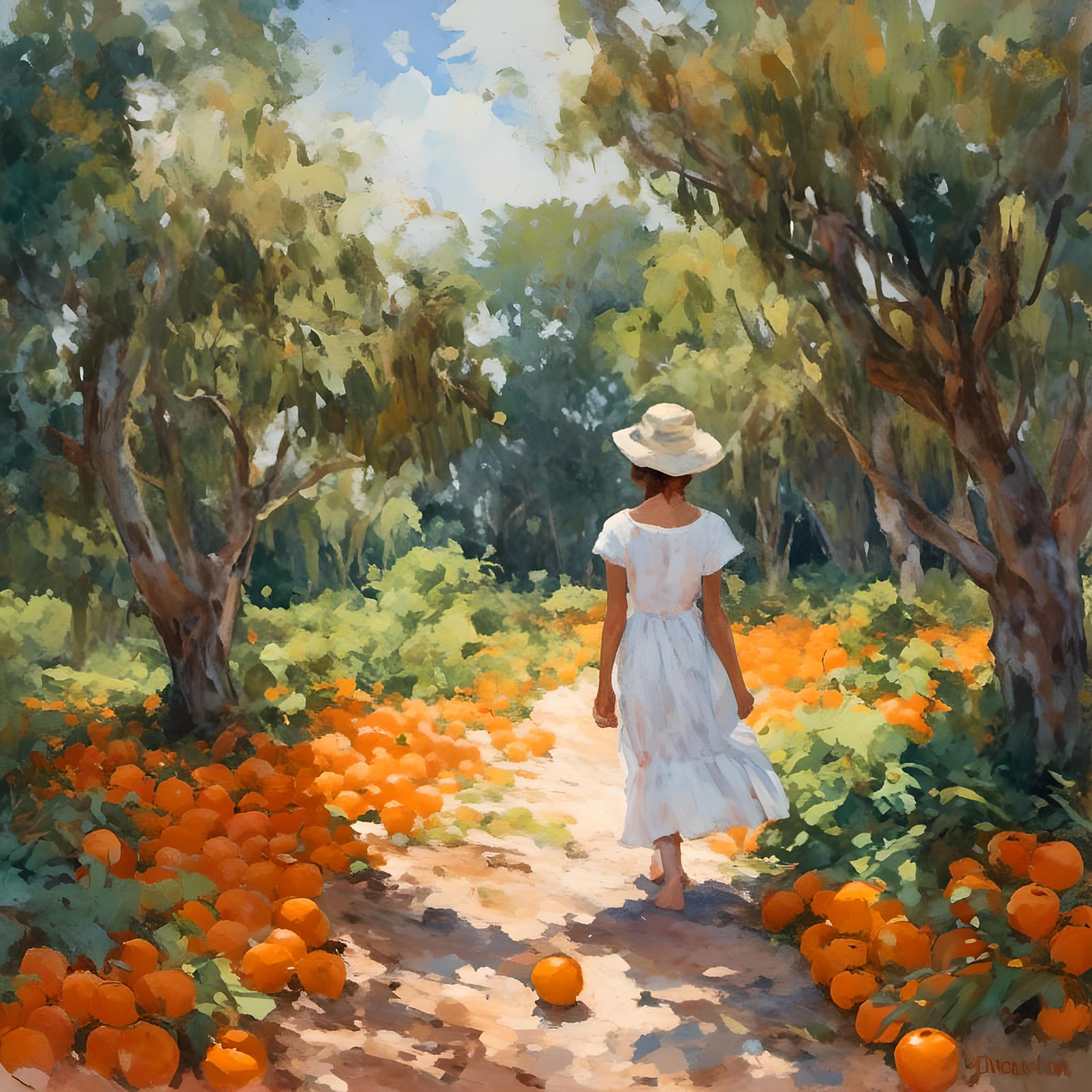 Girl in Orange Groves: Gouache Watercolor Impressionism