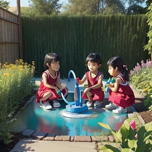 Children Share Garden Hose in Summer