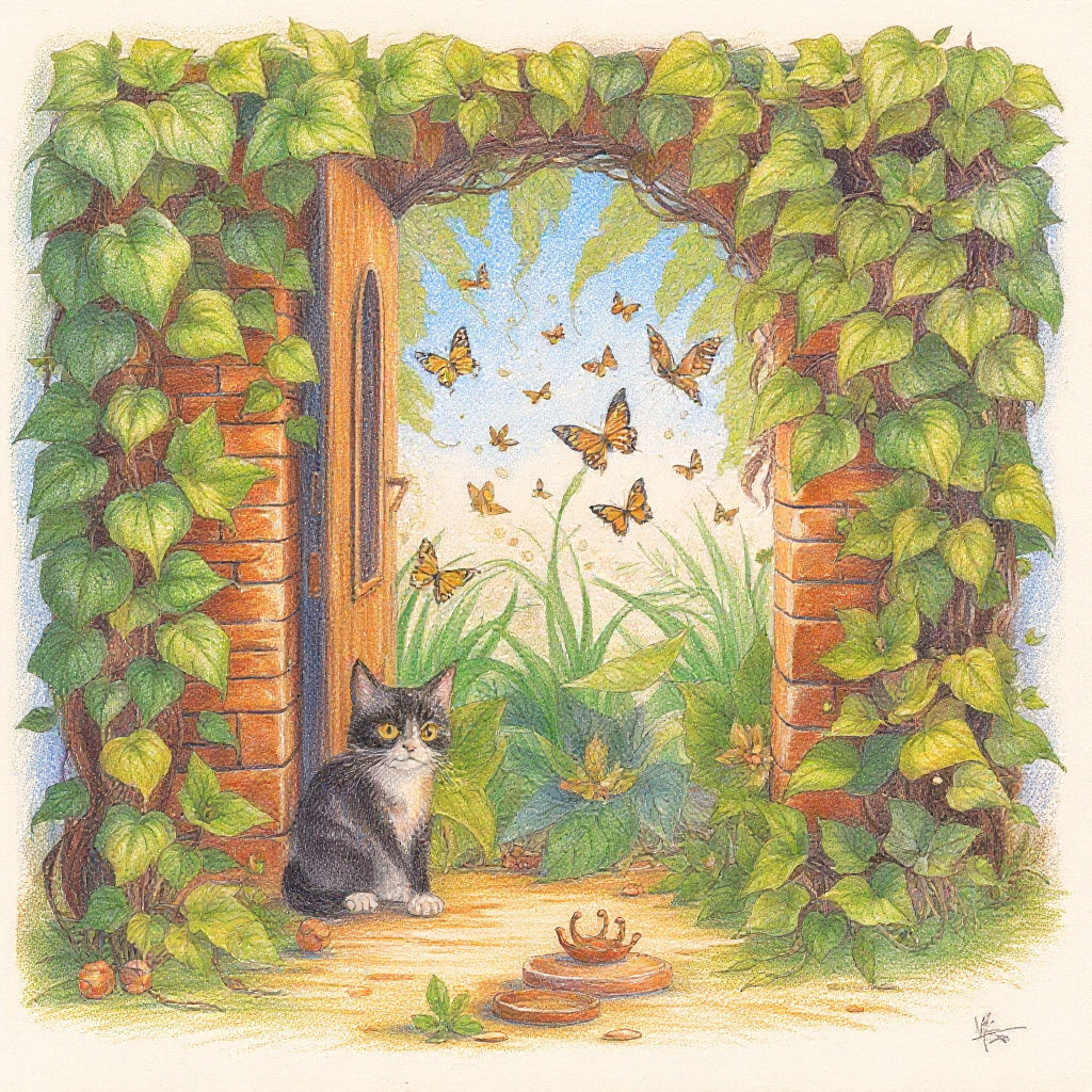 Cat Finds Secret Garden: Pencil Sketch in Swarte Style