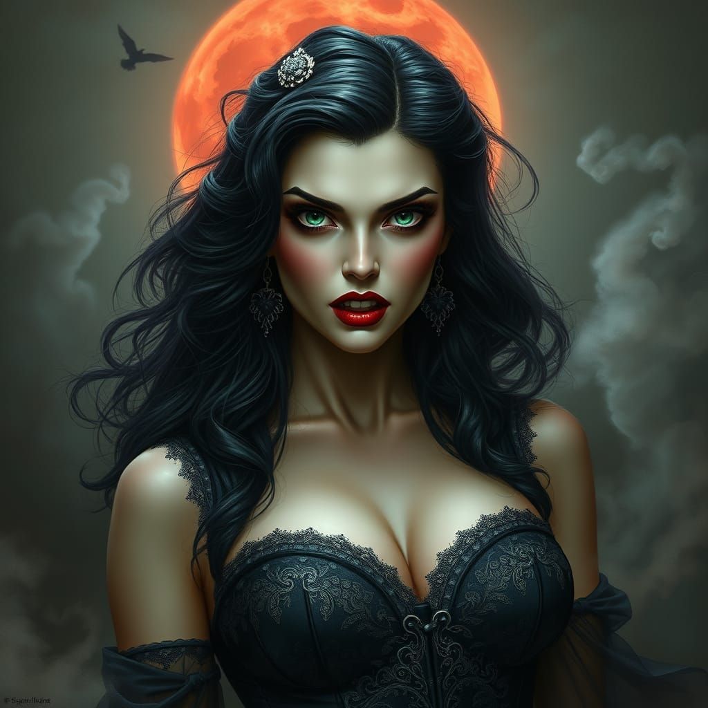 Seductive Vampire Goddess Under Blood-Red Moonlight