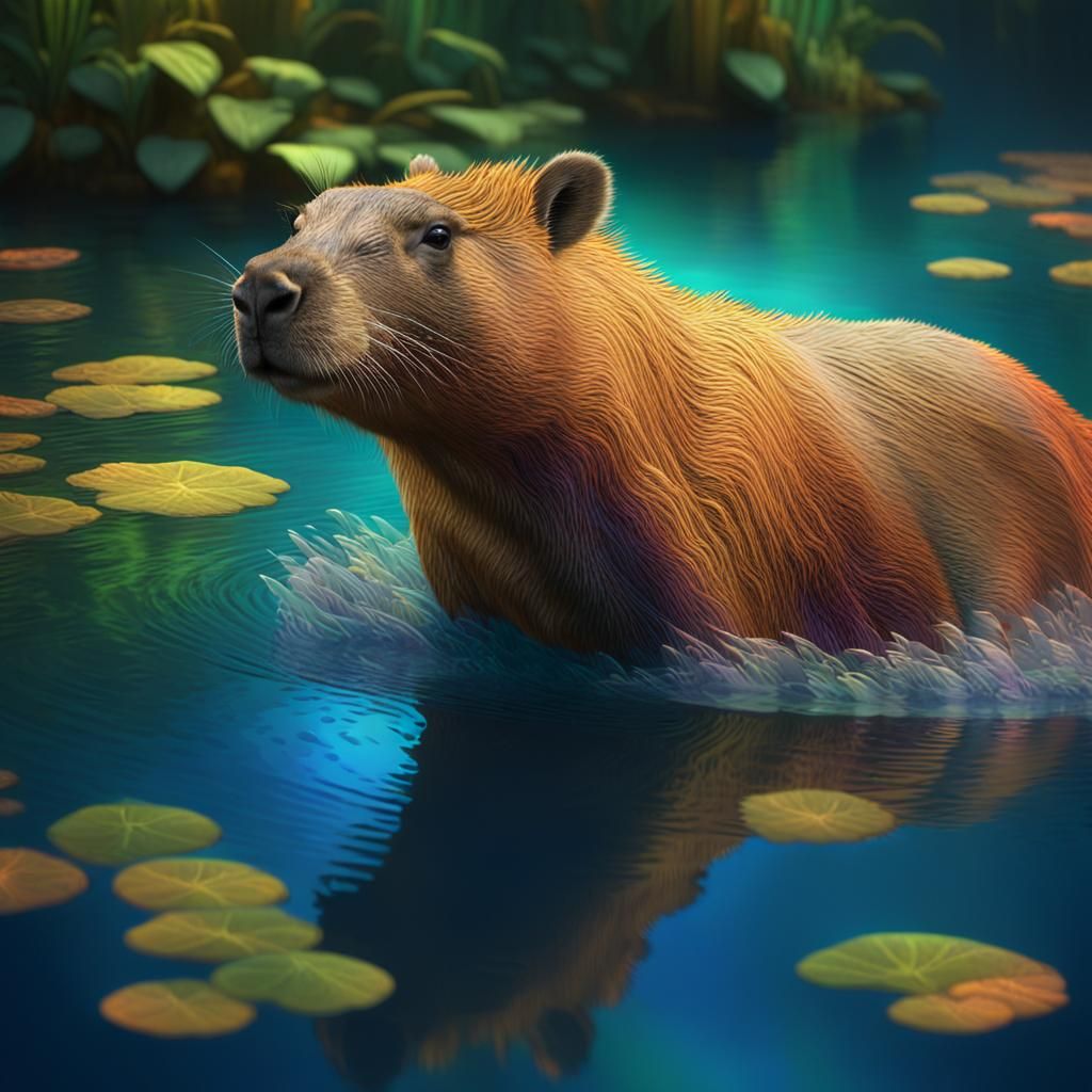 Capybara Swimming in Iridescent Waterway Digital Painting