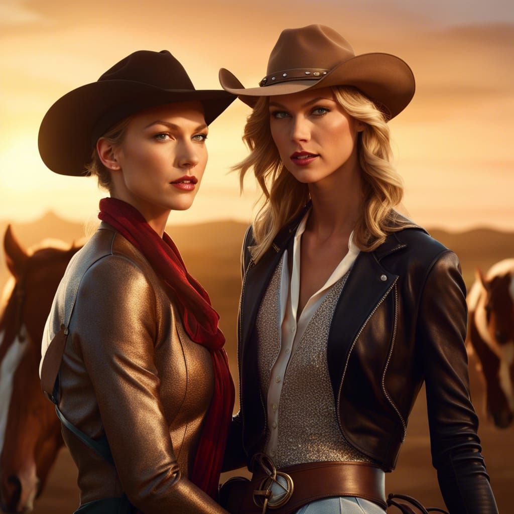 Two Cowgirls on Horseback at Sunset