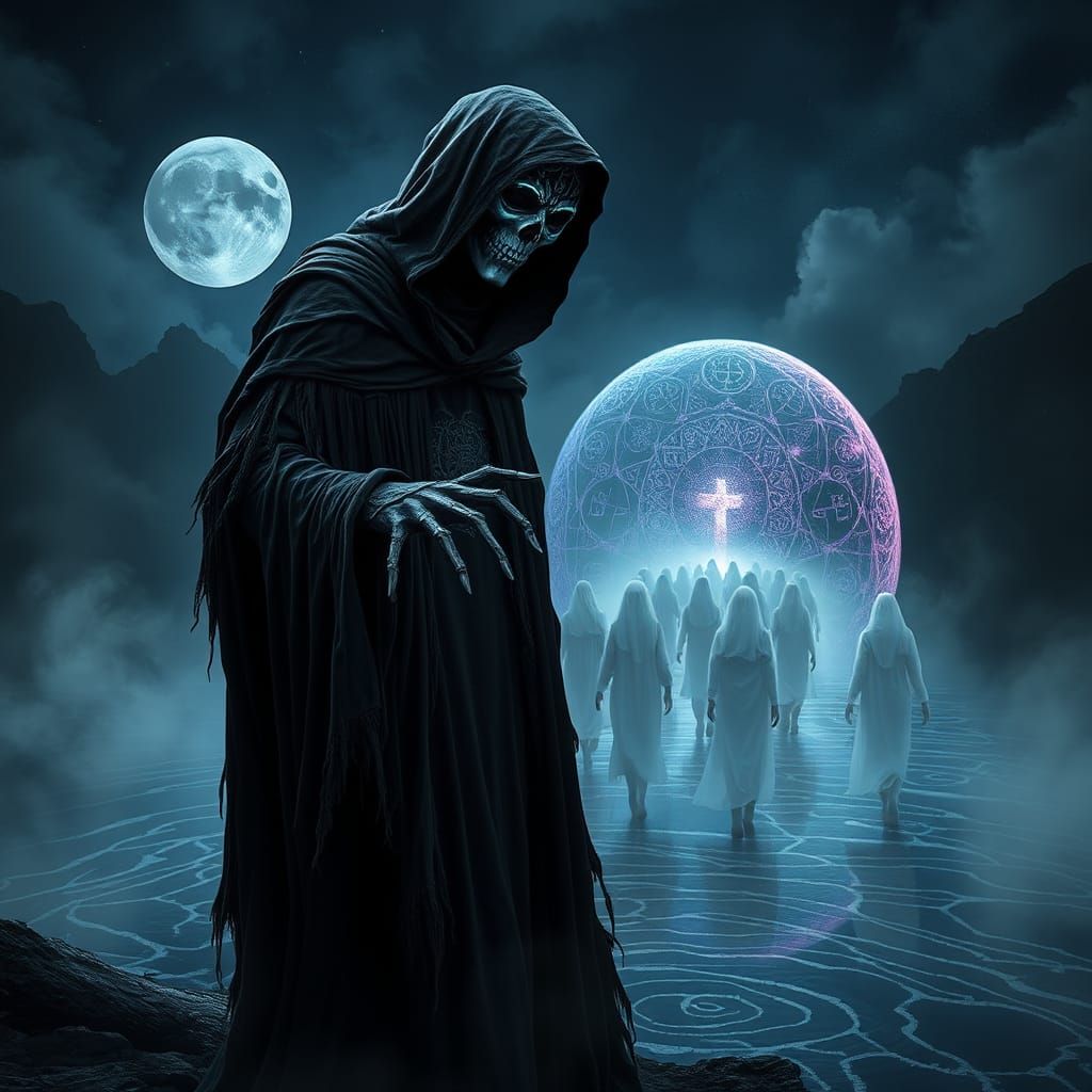 The Grim Reaper, cloaked in a dark, tattered hooded robe, his face hidden behind a spectral mask, stands at the edge of ...