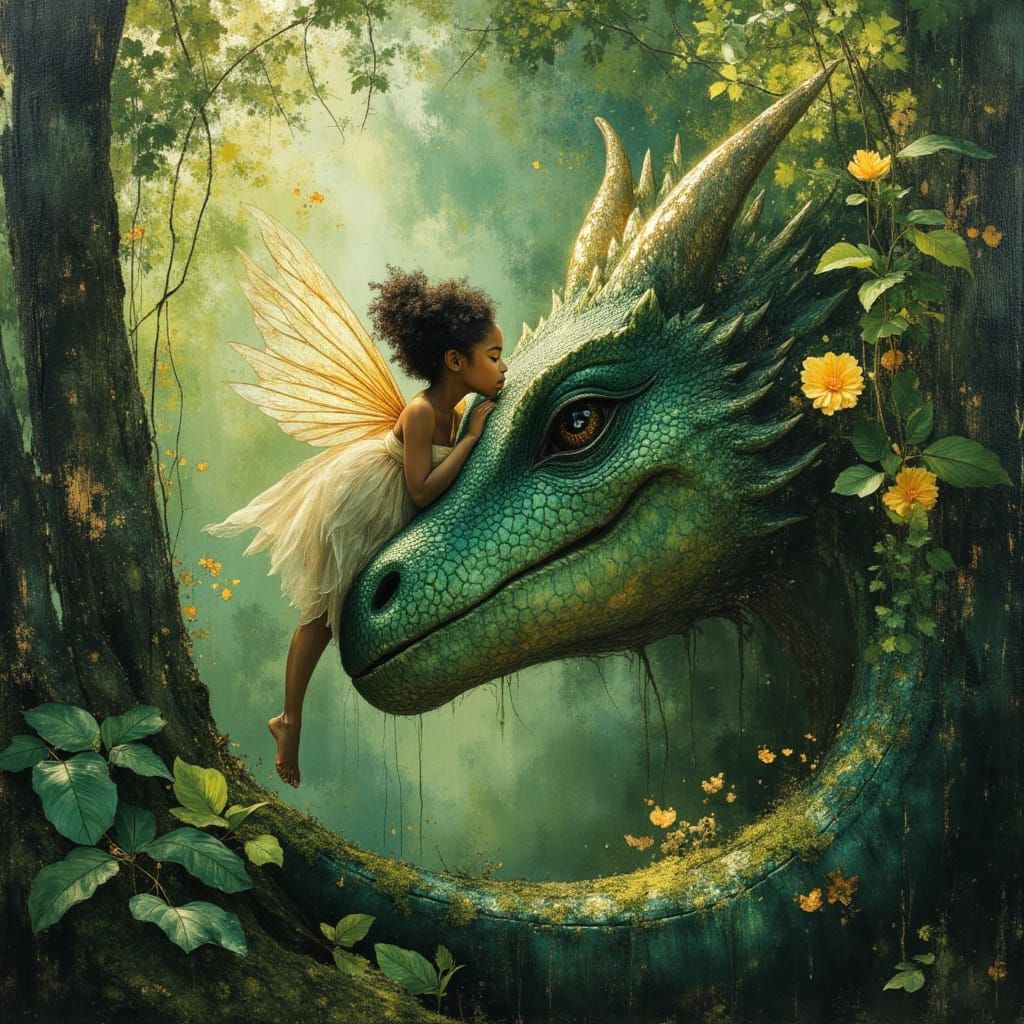 African American Fairy and Emerald Dragon in Forest