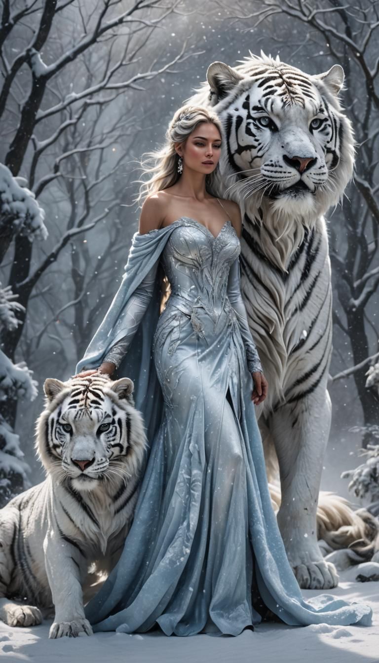 Woman and Maltese Tiger in Winter Blizzard