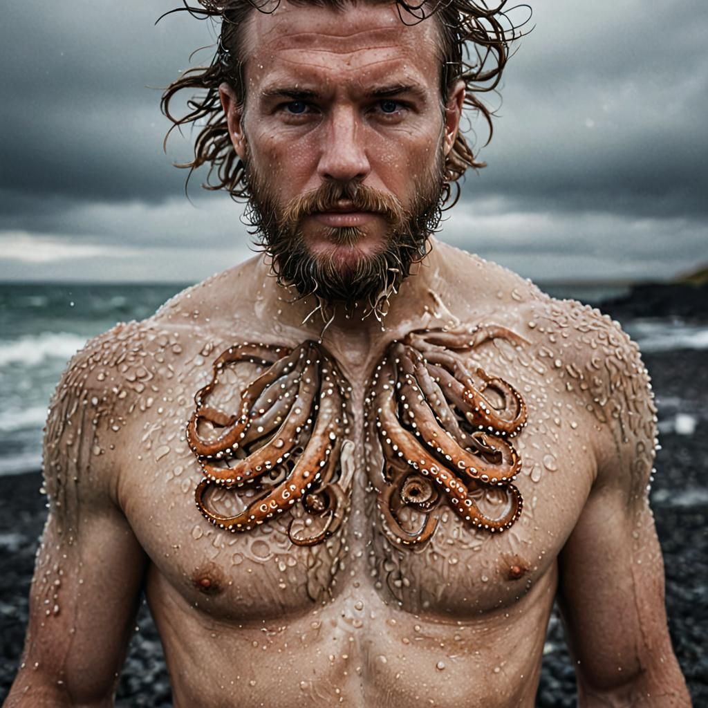 Jellyfish Man on Icelandic Beach: Hyperrealistic Fusion